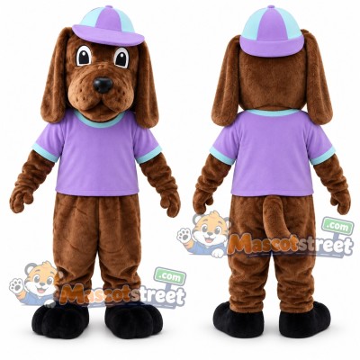 Brown Dog Mascot Costume with Purple Shirt and Cap
