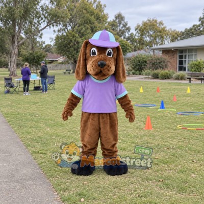 Brown Dog Mascot Costume with Purple Shirt and Cap