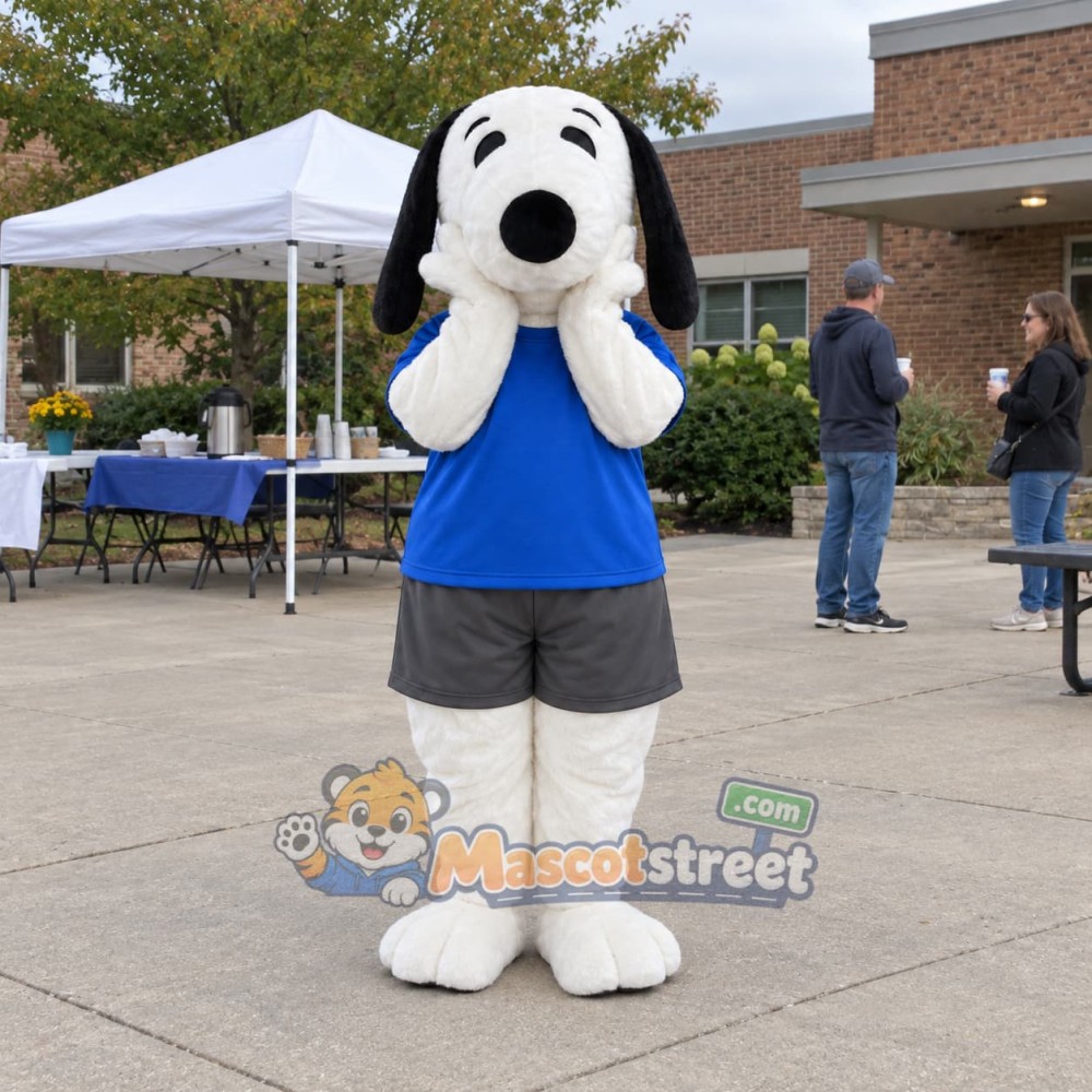 White Dog Mascot Costume with Blue Shirt White Dog Mascot Costume with Blue Shirt