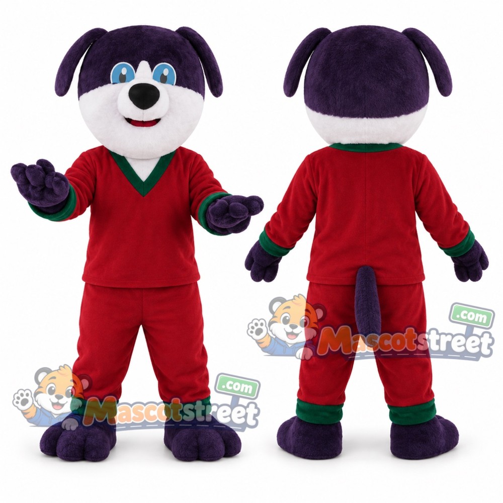 Purple Dog Mascot Costume with Red Outfit Purple Dog Mascot Costume with Red Outfit