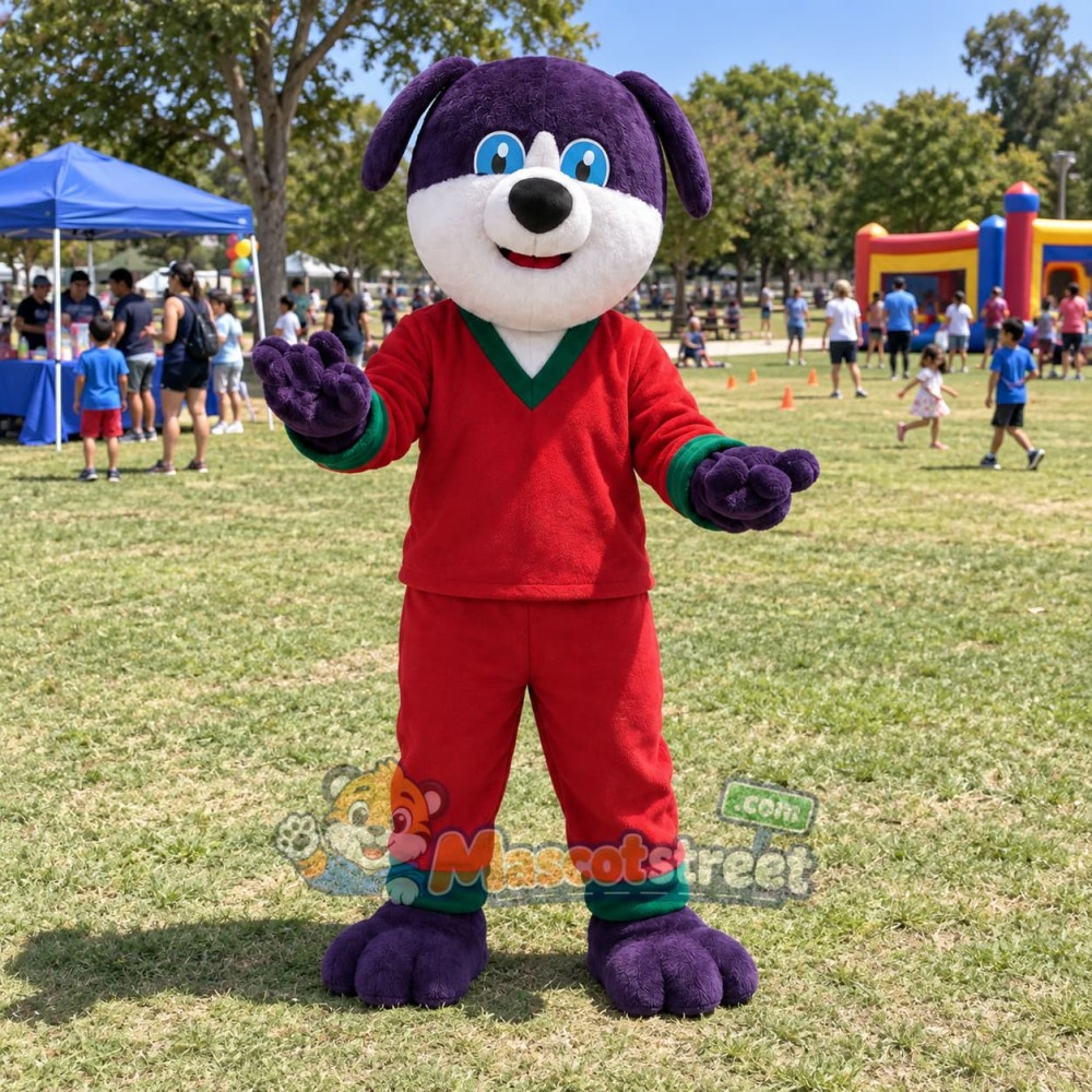 Purple Dog Mascot Costume with Red Outfit Purple Dog Mascot Costume with Red Outfit