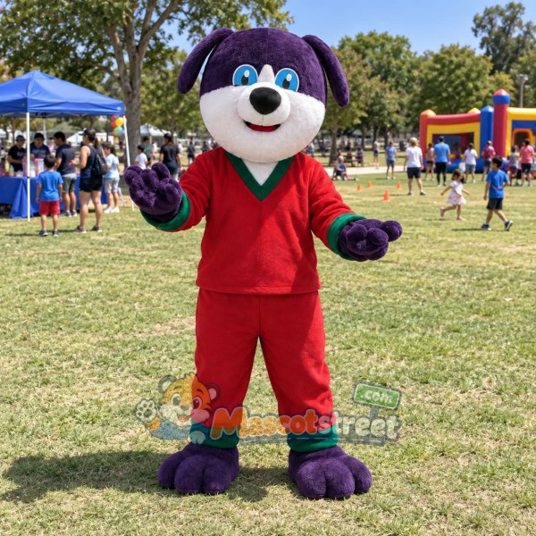 Purple Dog Mascot Costume with Red Outfit