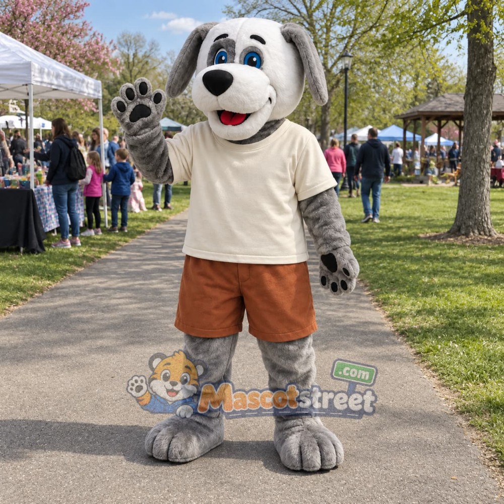 Gray and White Dog Mascot Costume with Cream Shirt