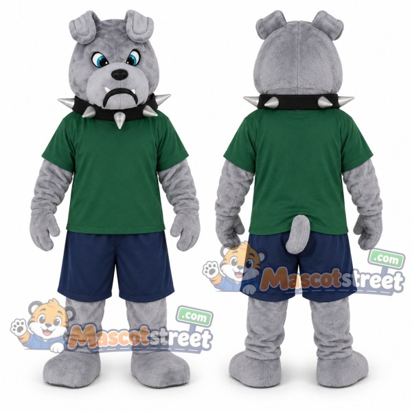 Gray Bulldog Mascot Costume with Green Shirt