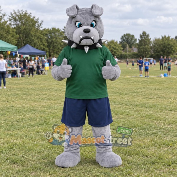 Gray Bulldog Mascot Costume with Green Shirt