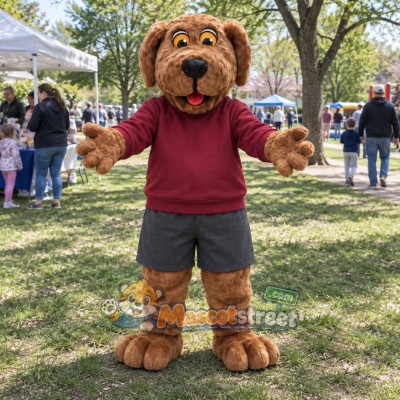 Brown Dog Mascot Costume with Burgundy Sweatshirt