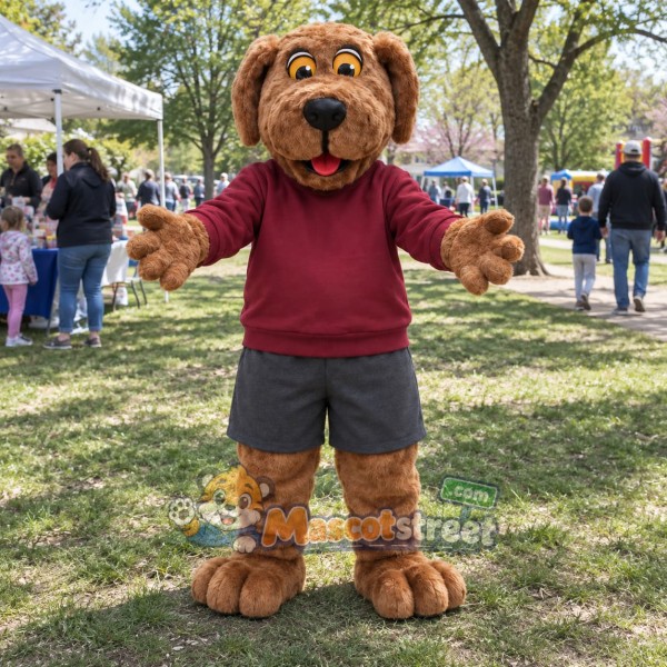 Brown Dog Mascot Costume with Burgundy Sweatshirt