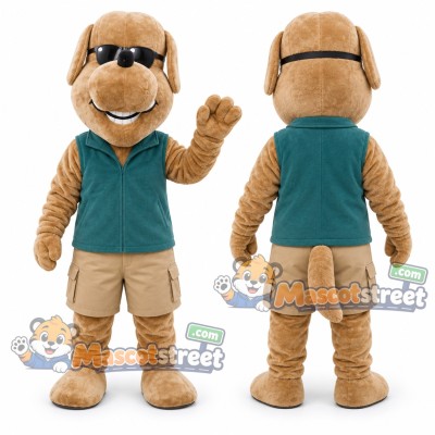 Tan Dog Mascot Costume with Teal Vest and Sunglasses