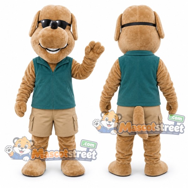 Tan Dog Mascot Costume with Teal Vest and Sunglasses