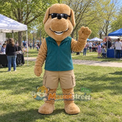 Tan Dog Mascot Costume with Teal Vest and Sunglasses