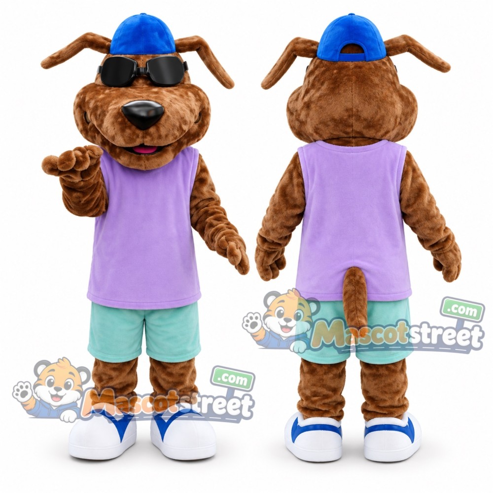 Brown Dog Mascot Costume with Purple Shirt and Blue Cap Brown Dog Mascot Costume with Purple Shirt and Blue Cap