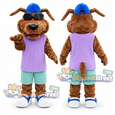 Brown Dog Mascot Costume with Purple Shirt and Blue Cap Brown Dog Mascot Costume with Purple Shirt and Blue Cap