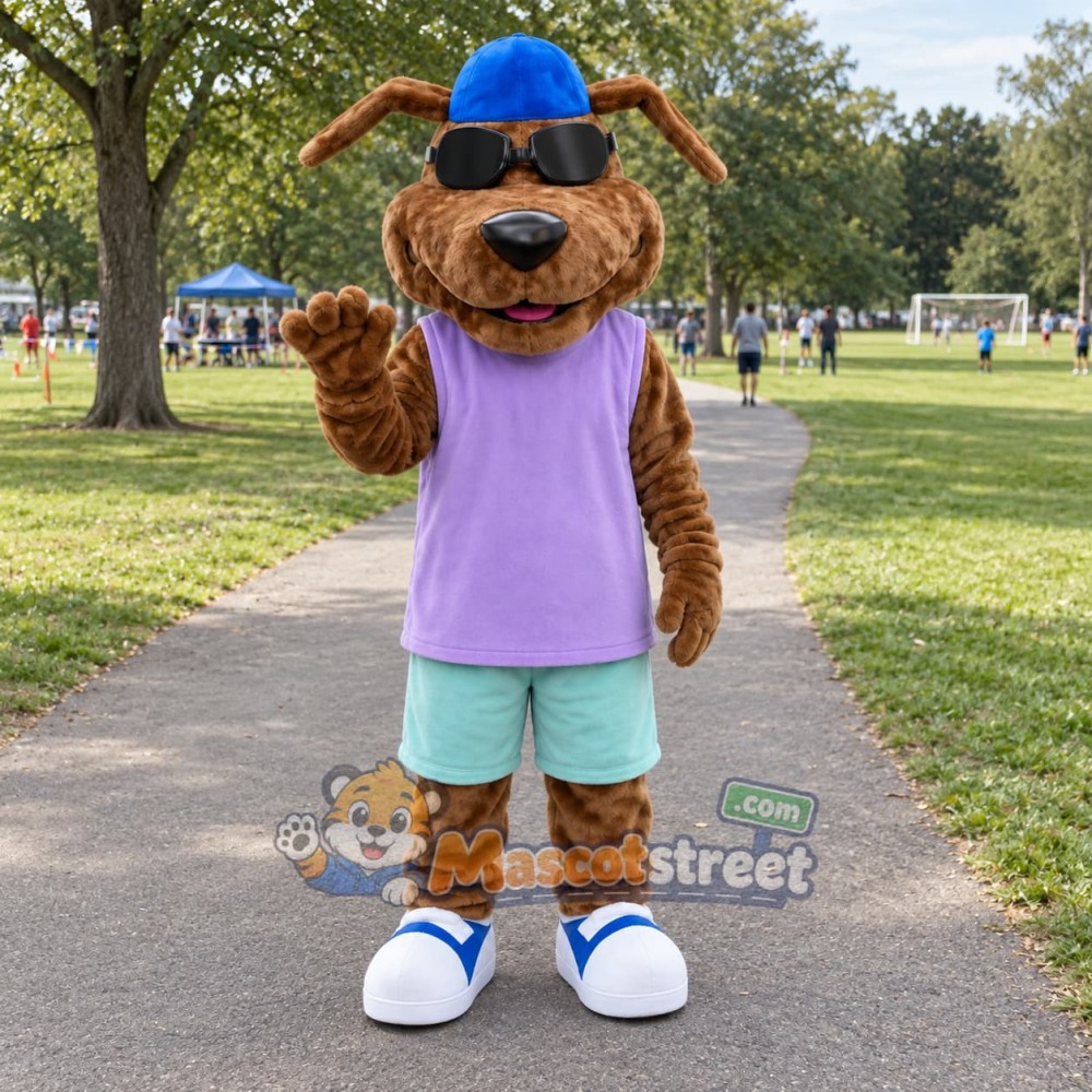 Brown Dog Mascot Costume with Purple Shirt and Blue Cap Brown Dog Mascot Costume with Purple Shirt and Blue Cap