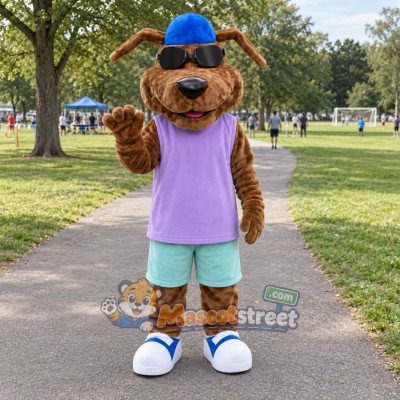 Brown Dog Mascot Costume with Purple Shirt and Blue Cap Brown Dog Mascot Costume with Purple Shirt and Blue Cap