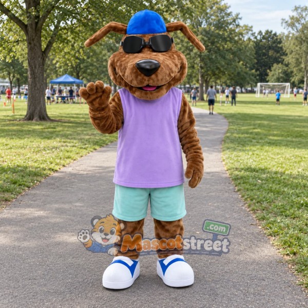 Brown Dog Mascot Costume with Purple Shirt and Blue Cap