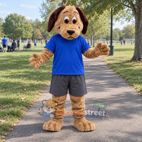 Brown Dog Mascot Costume with Blue Shirt