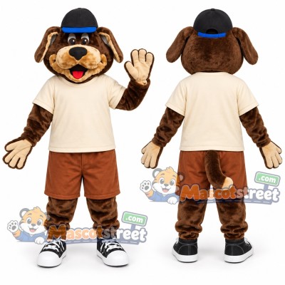 Brown Dog Mascot Costume with Cream Shirt and Black Cap