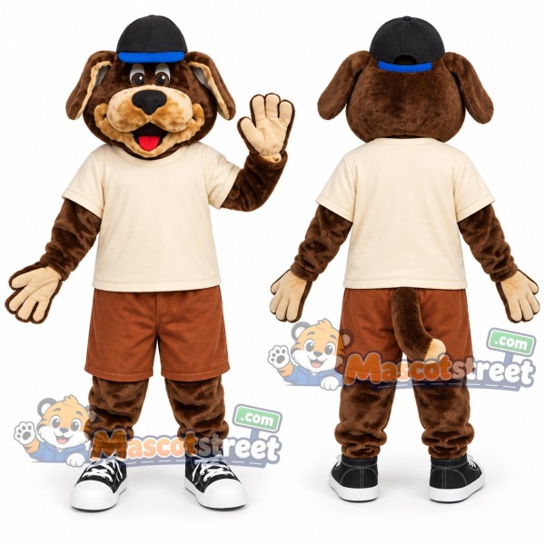 Brown Dog Mascot Costume with Cream Shirt and Black Cap