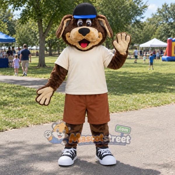 Brown Dog Mascot Costume with Cream Shirt and Black Cap