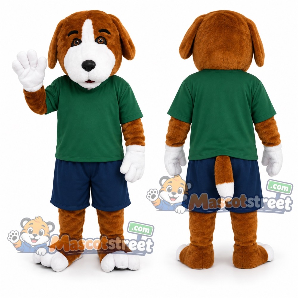 Brown and White Dog Mascot Costume with Green Shirt