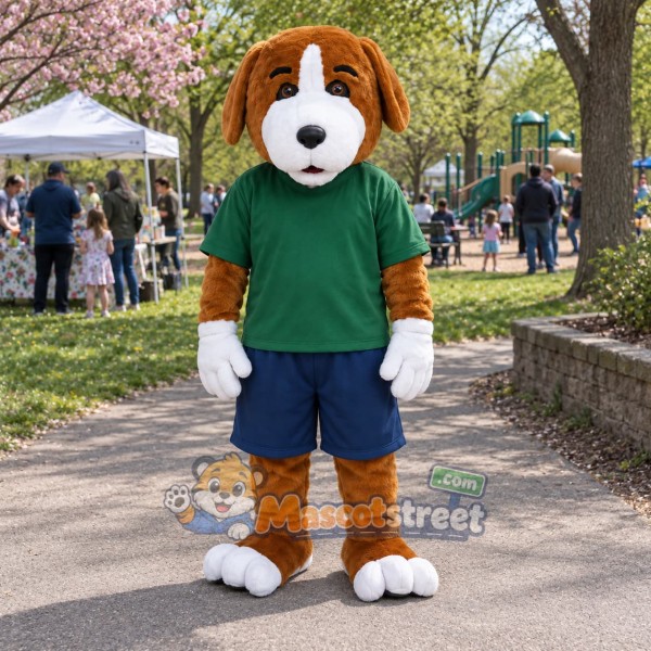 Brown and White Dog Mascot Costume with Green Shirt