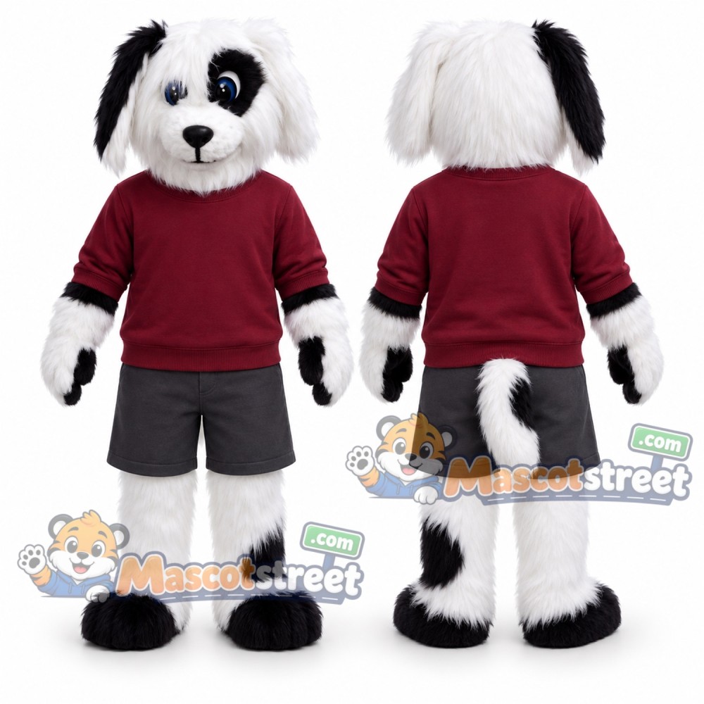 Black and White Dog Mascot Costume with Burgundy Sweatshirt