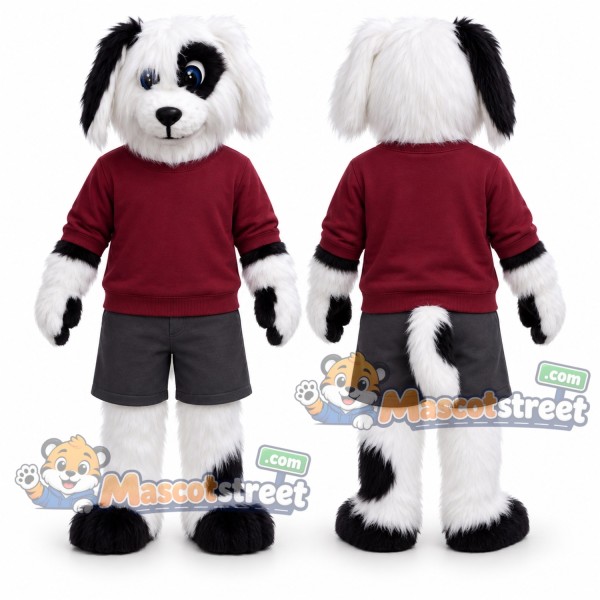 Black and White Dog Mascot Costume with Burgundy Sweatshirt