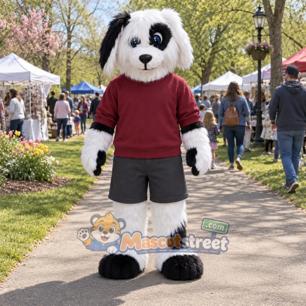 Black and White Dog Mascot Costume with Burgundy Sweatshirt