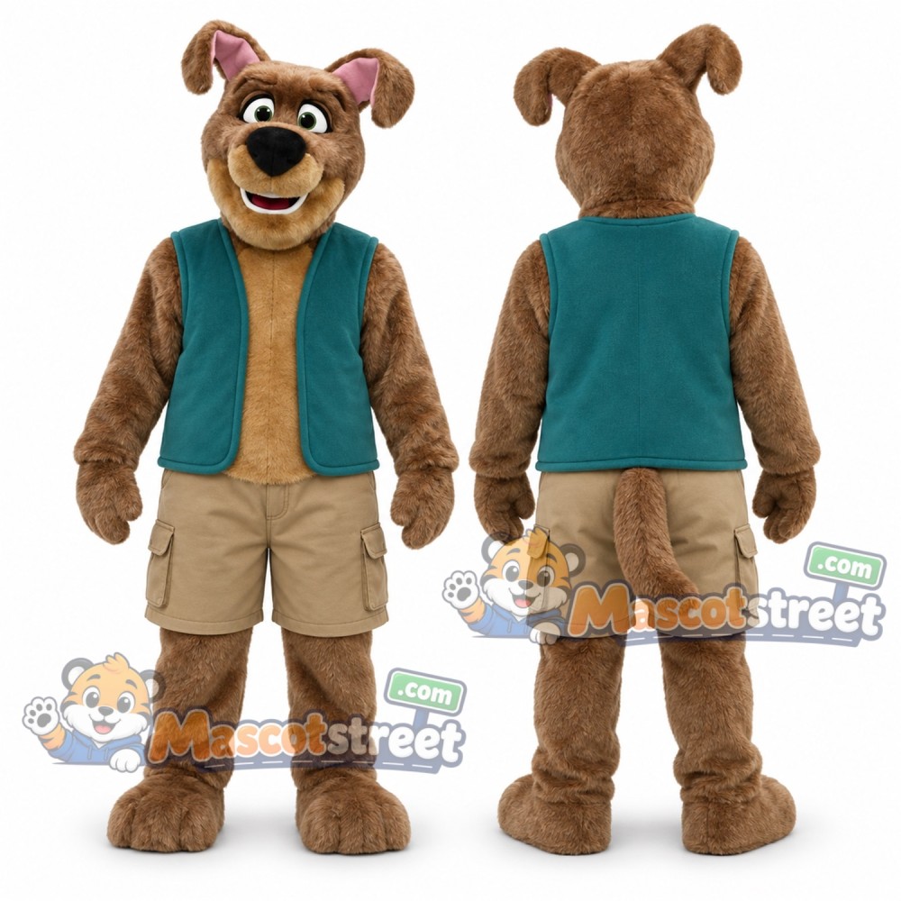 Brown Dog Mascot Costume with Teal Vest Brown Dog Mascot Costume with Teal Vest