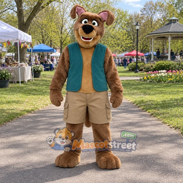 Brown Dog Mascot Costume with Teal Vest