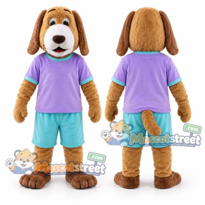 Brown and White Dog Mascot Costume with Purple Shirt