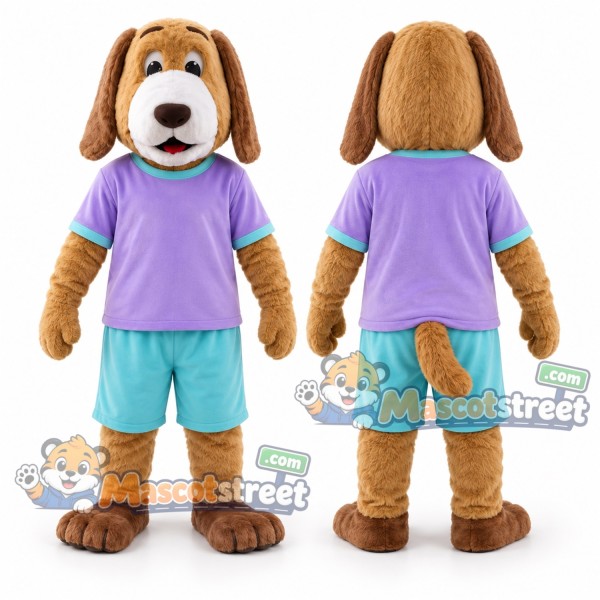 Brown and White Dog Mascot Costume with Purple Shirt