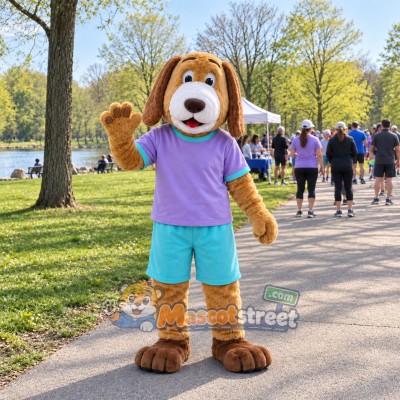 Brown and White Dog Mascot Costume with Purple Shirt
