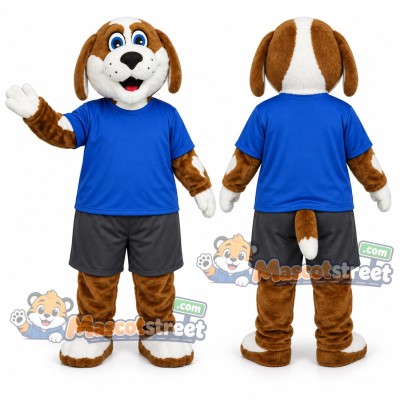 Brown and White Puppy Mascot Costume with Blue Shirt