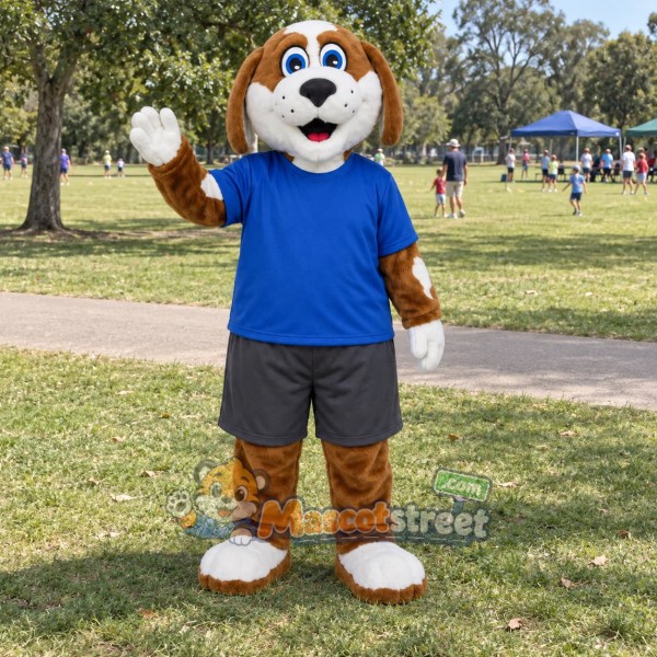 Brown and White Puppy Mascot Costume with Blue Shirt