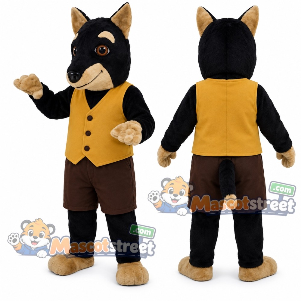 Black and Tan Doberman Mascot Costume with Yellow Vest Black and Tan Doberman Mascot Costume with Yellow Vest