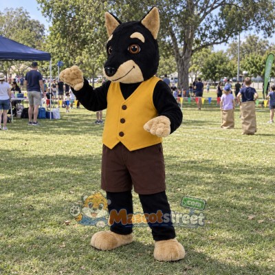 Black and Tan Doberman Mascot Costume with Yellow Vest Black and Tan Doberman Mascot Costume with Yellow Vest