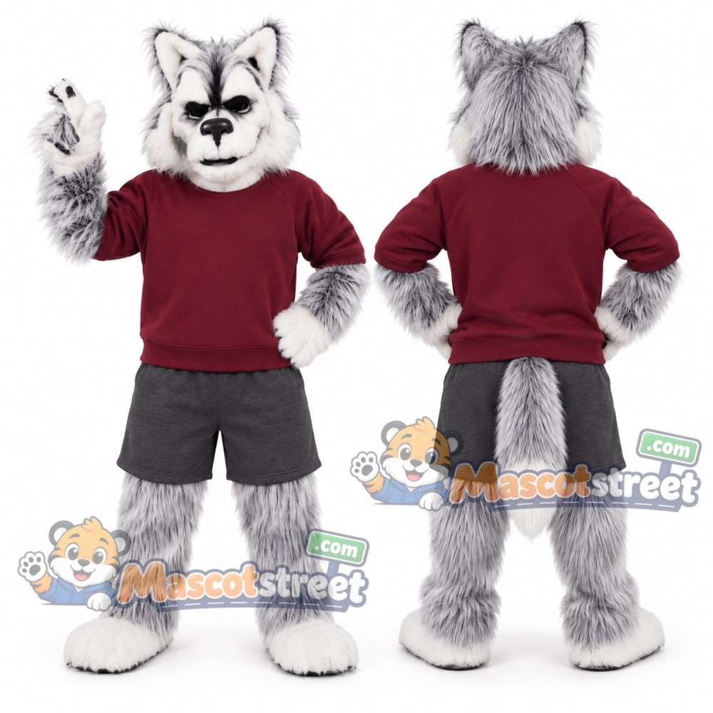 Gray Wolf Mascot Costume with Burgundy Sweatshirt Gray Wolf Mascot Costume with Burgundy Sweatshirt