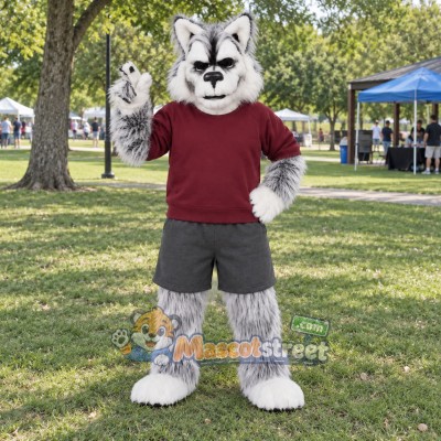 Gray Wolf Mascot Costume with Burgundy Sweatshirt Gray Wolf Mascot Costume with Burgundy Sweatshirt