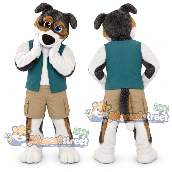 Gray and White Dog Mascot Costume with Teal Vest