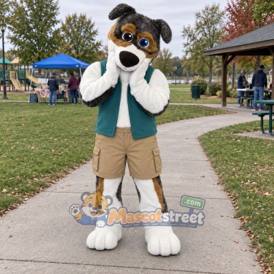 Gray and White Dog Mascot Costume with Teal Vest Gray and White Dog Mascot Costume with Teal Vest