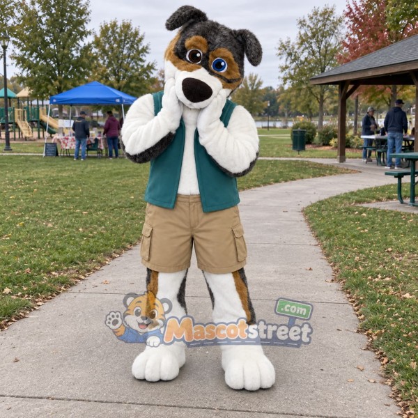 Gray and White Dog Mascot Costume with Teal Vest
