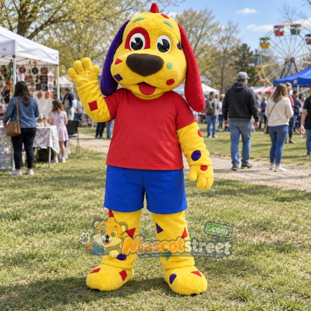 Yellow Spotted Dog Mascot Costume with Red Shirt