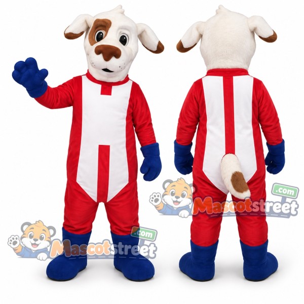 White Dog Mascot Costume with Red and White Superhero Suit