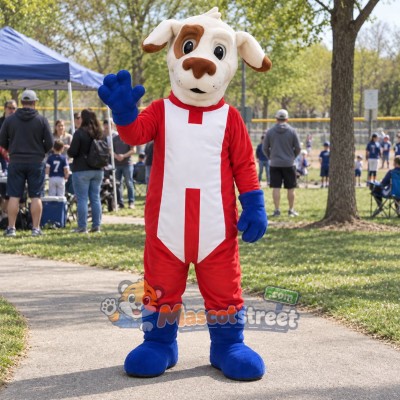 White Dog Mascot Costume with Red and White Superhero Suit White Dog Mascot Costume with Red and White Superhero Suit