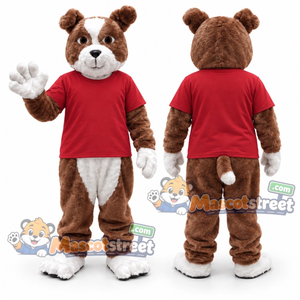 Brown and White Bulldog Mascot Costume with Red Shirt Brown and White Bulldog Mascot Costume with Red Shirt