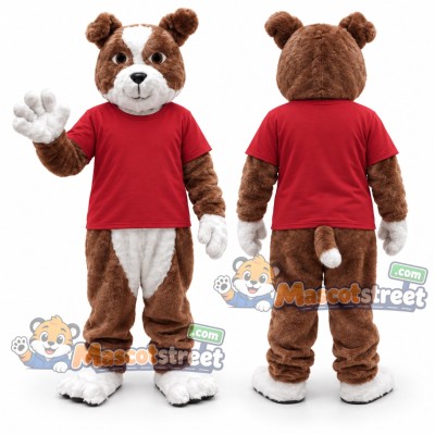 Brown and White Bulldog Mascot Costume with Red Shirt Brown and White Bulldog Mascot Costume with Red Shirt