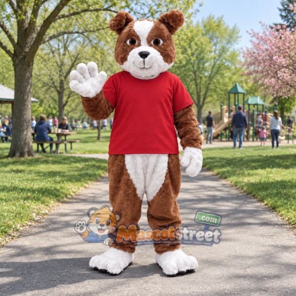 Brown and White Bulldog Mascot Costume with Red Shirt Brown and White Bulldog Mascot Costume with Red Shirt