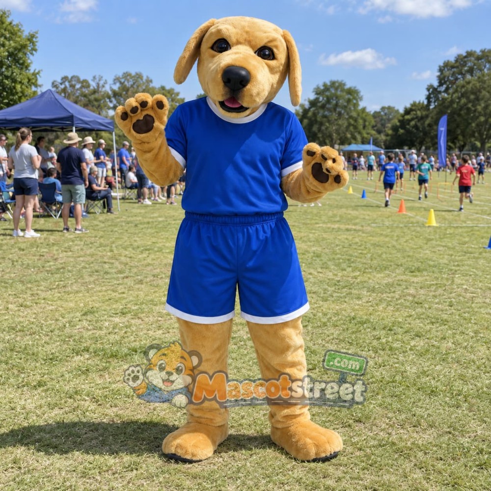 Golden Labrador Mascot Costume with Blue Sports Uniform