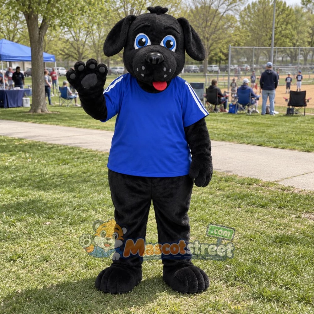Black Labrador Mascot Costume with Blue Shirt
